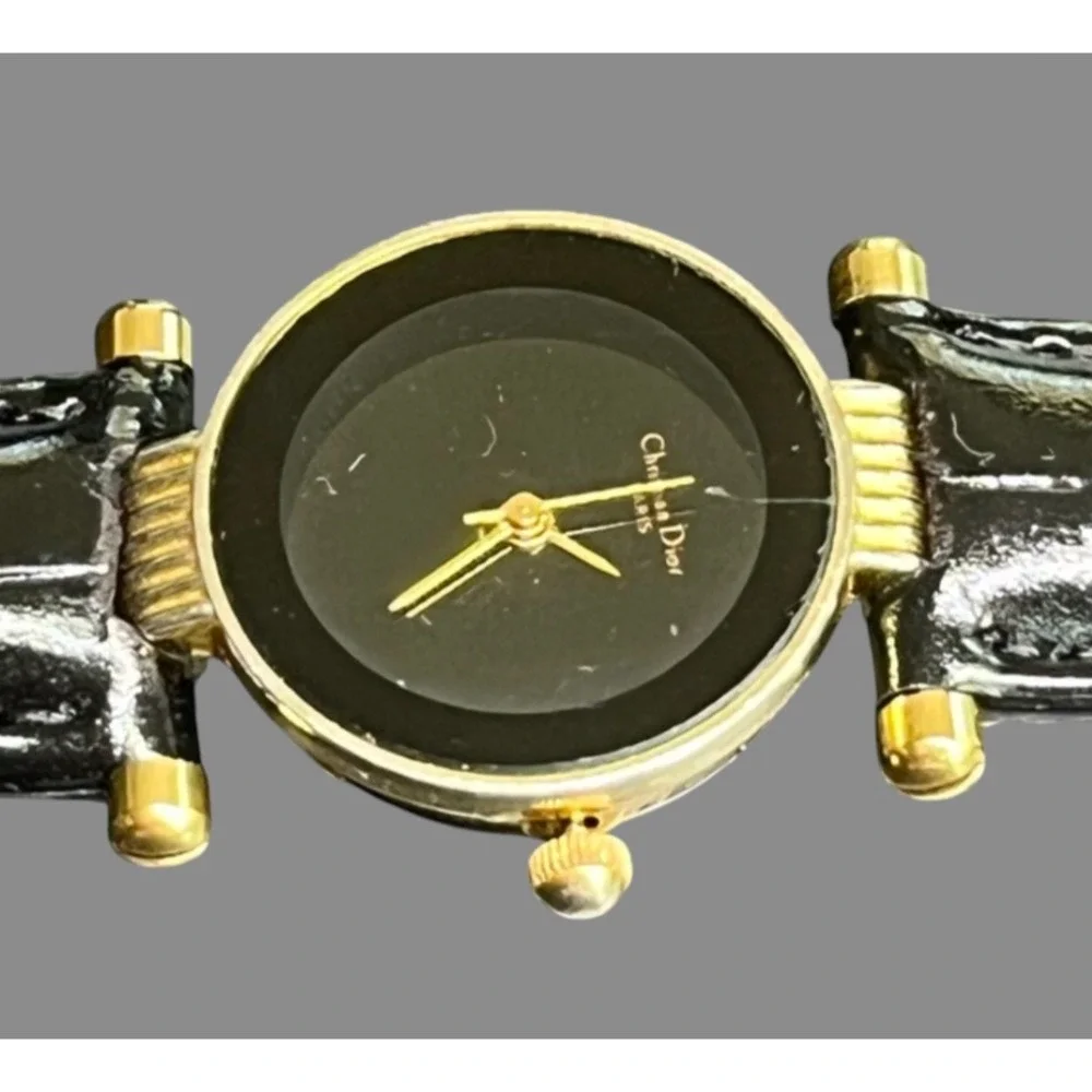 Vintage CHRISTIAN DIOR PARIS Black Moon Wrist Watch Leather Band Runs Well Gold
